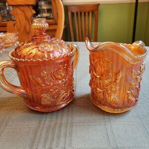 Imperial Marigold Carnival Glass, Sugar Bowl and Creamer, Rose design